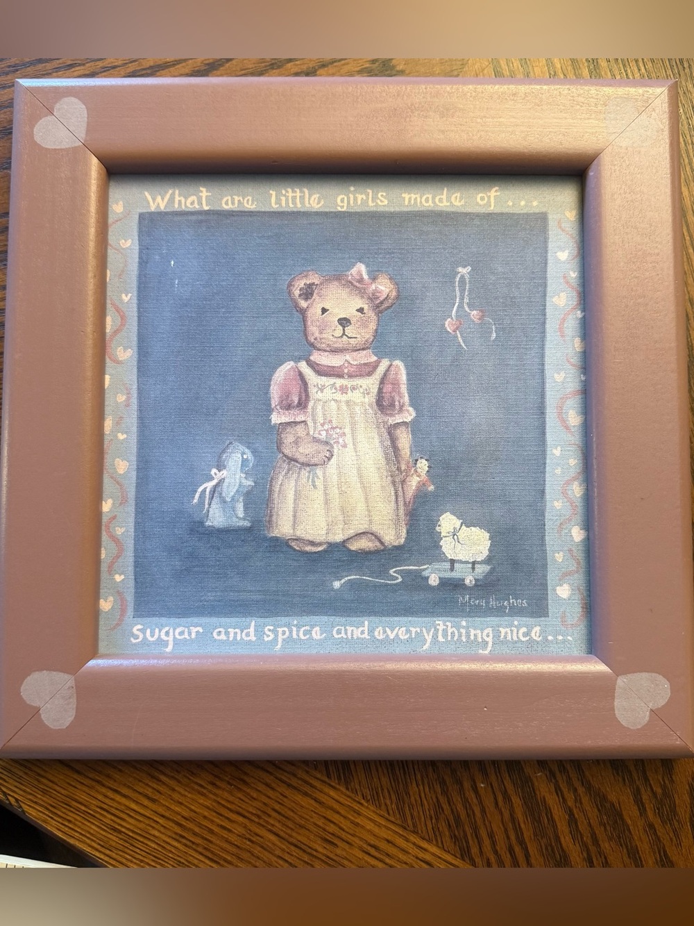 Vintage Teddy Bear “What Are Little Girls Made Of” Framed Art Pink Nursery